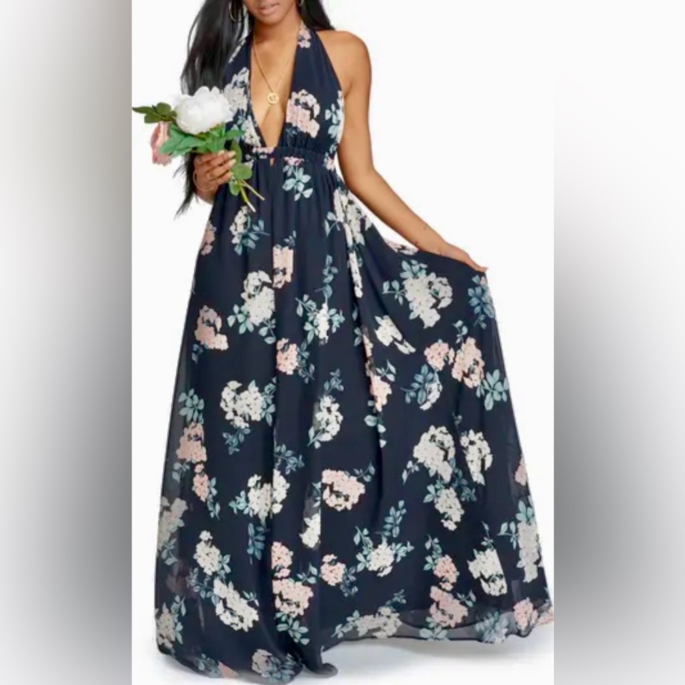 Show Me Your Mumu Luna Halter Neck Floral Gown In Fleur De Fun Dark Blue Floral